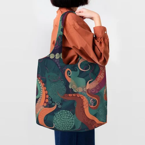 Vista 2 de Bolsas de lona con estampado abstracto de pulpo, bolsa de playa grande, bolsa de hombro de lona, bolsas de compras reutilizables
