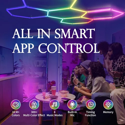 Vista 2 de Luces LED hexagonales RGB superbrillantes con aplicación y control remoto, 16 millones de colores y muchas escenas, sincronización de música
