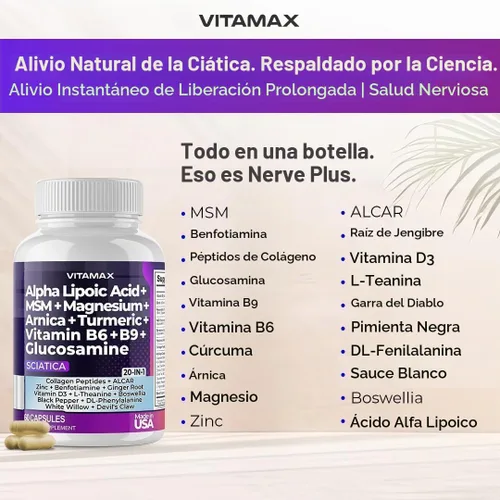 Vista 2 de Apoyo para la salud del nervio ciático - Suplemento para el nervio ciático en cápsulas con ácido fólico, guisante, glucosamina, MSM, complejo
