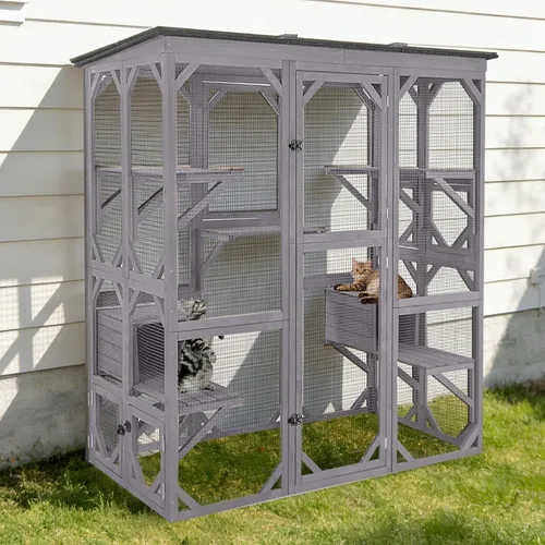 Vista 10 de Wooden Catio Outdoor Cat - Amplio condominio para gatos con 7 plataformas de escalada, 2 acogedoras casas de siestas, panel de ventana expandible