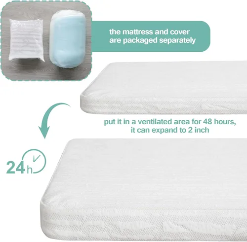 Vista 5 de Cubrecolchón de cuna de 52 x 27 x 2 pulgadas para cama de niño/cuna, protector de colchón de espuma viscoelástica a prueba de agua con funda