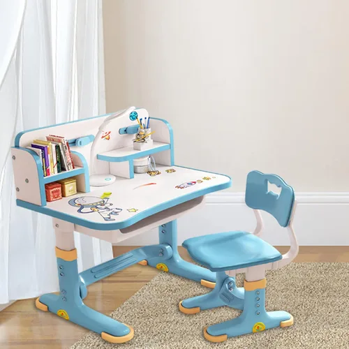 Vista 7 de Juego de Escritorio y Silla para Niños, Escritorio para Niños de Altura Ajustable con Cajones de Almacenamiento y Estantería, Escritorios Azul