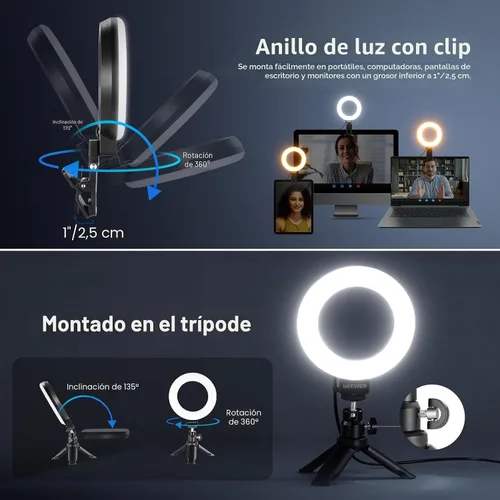 Vista 4 de NEEWER BR60 - Anillo de luz básico de 5 pulgadas para iluminación de videoconferencia, kit de luz con clip con soporte de trípode de escritorio
