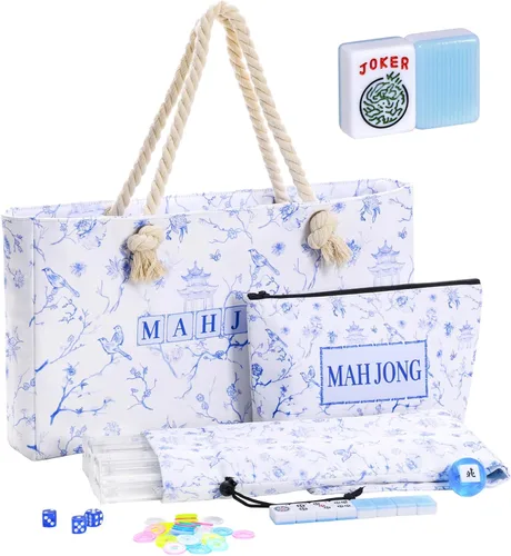 Vista 9 de American Mahjong Tile Set, 166 Blue Tiles, Bag and Mahjong Accessories, 4 All-in-One Rack/Pushers, Mahjong Set Complete Azul