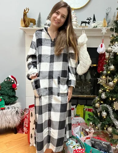 Vista 2 de MAXMODA Bata larga de forro polar con cremallera para mujer, abrigo cálido y suave con bolsillos