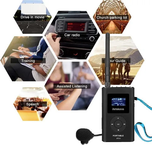 Vista 5 de Retekess Transmisor FM FT11, transmisor de transmisión FM portátil (negro) para iglesia, película de autocaravana, estacionamiento, estación