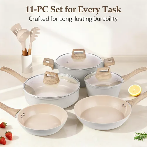 Vista 3 de M MELENTA Juego de ollas y sartenes antiadherentes, juego de utensilios de cocina de cerámica no tóxica, 11 piezas de utensilios de cocina de Crema