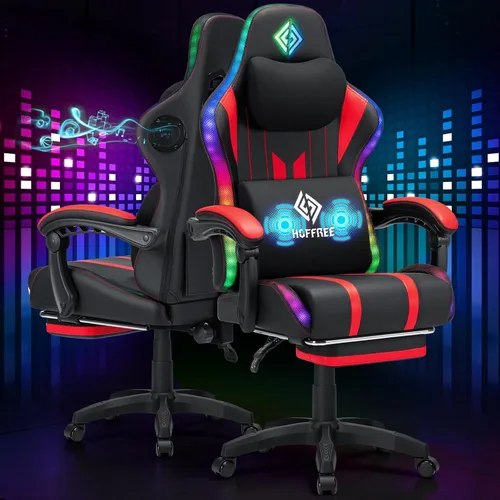 Vista 10 de HOFFREE Silla Gaming con Luces LED RGB de Ritmo Musical y Altavoces Bluetooth Silla Ergonómica de Gaming para Computadora con Masaje y Reposapiés