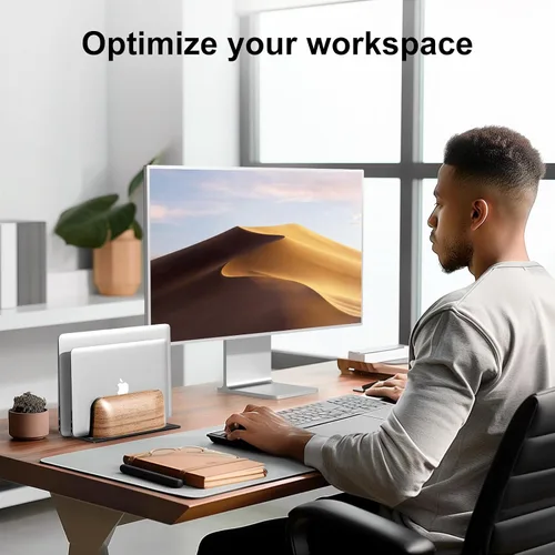 Vista 10 de UPERGO Soporte vertical para laptop, soporte vertical de madera de doble ranura para escritorio, base ajustable de ancho para MacBook Pro y otras