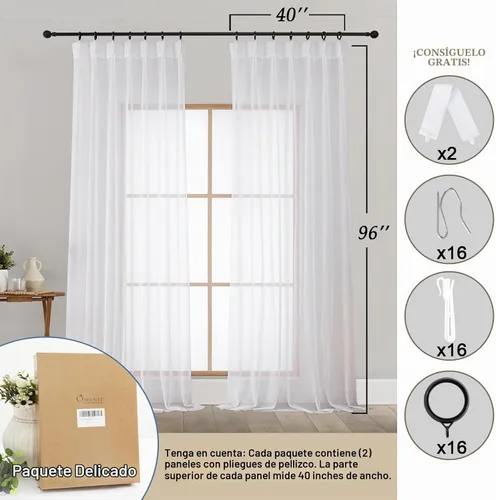 Vista 2 de OWENIE - Cortinas semitraslúcidas con plisado de pellizco blanco de 96 pulgadas de largo para dormitorio y sala de estar, cortinas modernas de aire