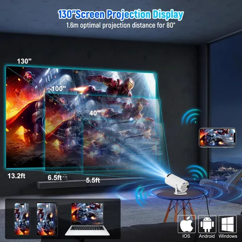 Vista 6 de Mini proyector, proyector portátil 1080P 4K, proyector inteligente con corrección trapezoidal automática, Wifi6 y Bluetooth, proyector de película