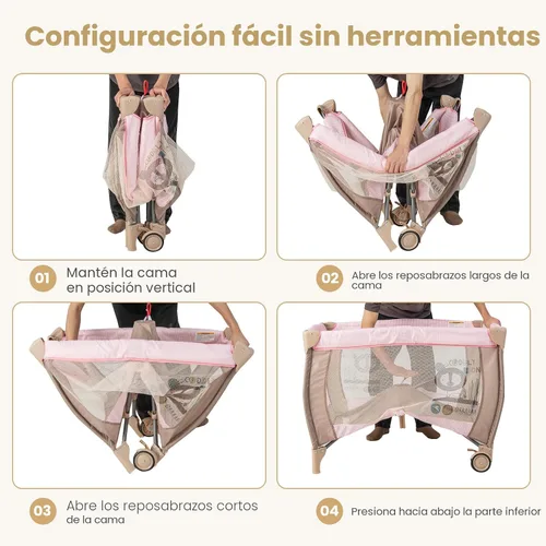 Vista 8 de Costzon 3 en 1 Rosa Pack and Play con Moisés, Corralito Portátil para Bebé con Mesa Cambiadora, Caja de Música, Juguetes Giratorios, Ruedas/Freno