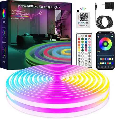 Vista 10 de Luces de Cuerda de Neón, Tiras de Luces LED RGB de 65.6 Pies, Control por Aplicación, Control Remoto IR, Sincronización de Música, Impermeable IP67