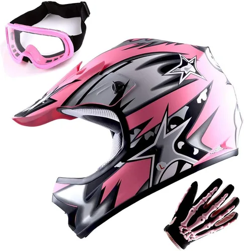 Vista 12 de WOW Casco de motocross juvenil MX BMX, casco de bicicleta negro araña + gafas + guante negro esqueleto K-Negro mate