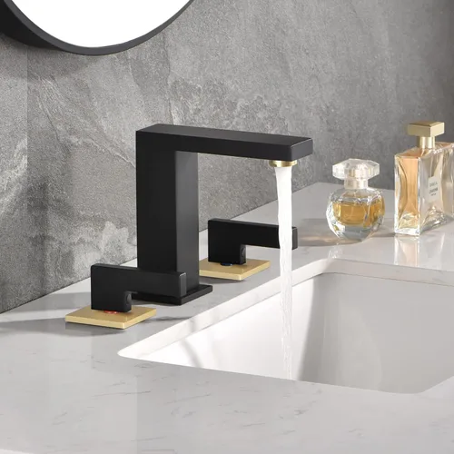 Vista 2 de sumerain Grifo de baño generalizado de 8 pulgadas, grifo de lavabo de baño negro, grifo de baño de 3 agujeros Negro y dorado