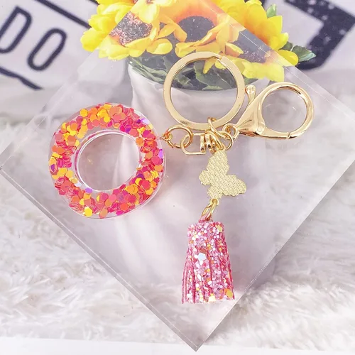 Vista 4 de LAXPICOL Llavero naranja rosa de la A a la Z para mujer, monedero, bolso de mano, mariposa, rosa, lentejuelas de resina, alfabeto, letra inicial