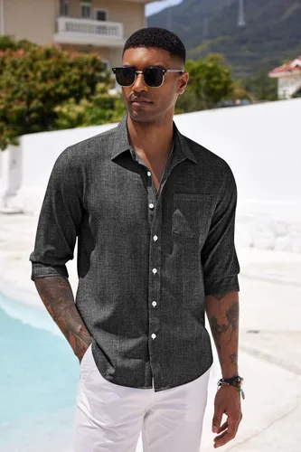 Vista 2 de COOFANDY Camisa casual con botones para hombre, camisa de cambray de lino de manga larga