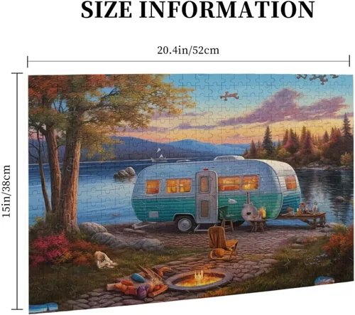 Vista 2 de Rompecabezas de 500 piezas para adultos, familias, camping, coche, junto al lago, fogata, formación de madera, entretenimiento, decoración