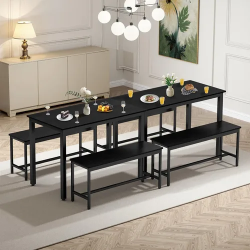 Vista 7 de Rovibek Juego de 4 sillas de mesa de comedor para 4, mesa de cocina moderna que ahorra espacio con 2 bancos y pies ajustables, mesa de desayuno
