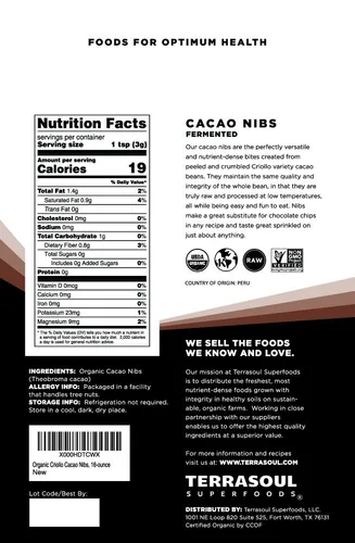 Vista 2 de Terrasoul Superfoods Puntas de Cacao Orgánico Crudo, 16 Oz, Superalimento Crujiente para Bowls de Batidos, Untables de Mantequilla de Nuez, Avena