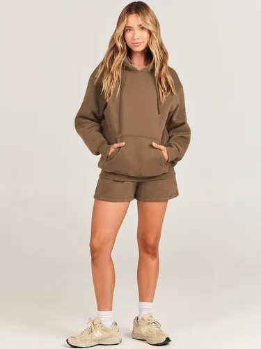 Vista 7 de ANRABESS Conjunto deportivo de 2 piezas para mujer, sudadera con capucha de gran tamaño, conjunto de sudadera corta a juego
