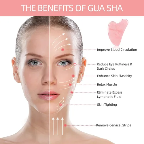 Vista 2 de Herramienta facial Gua Sha, herramienta Guasha para masajeador facial y corporal, piedras naturales, cuarzo rosa, raspado y terapia de acupuntura