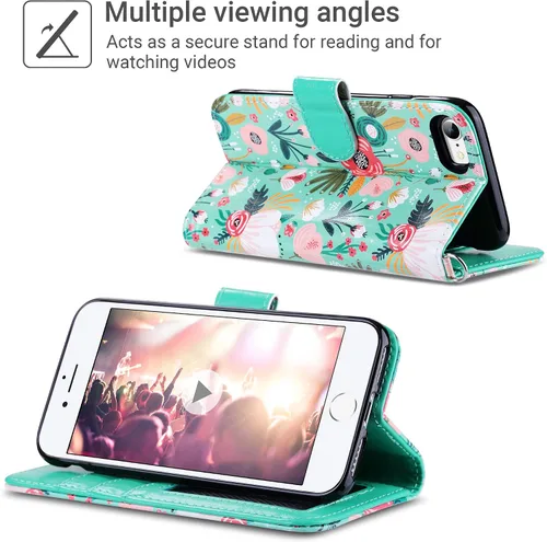 Vista 2 de ULAK - Funda tipo cartera para iPhone SE 3 (2022)/SE (2020)/8/7, con tarjetero, funda tipo cartera de piel sintética floral premium con soporte