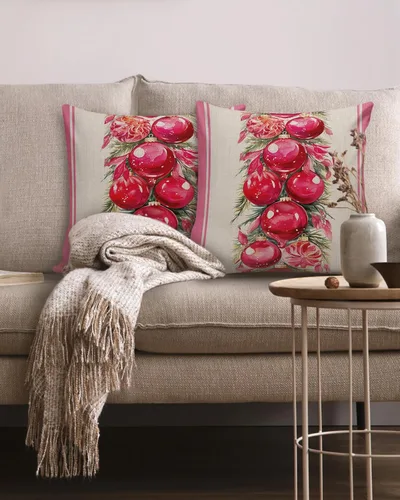 Vista 2 de Paquete de 2 fundas de almohada de algodón, diseño de bolas rosas de Feliz Navidad, cuadradas, suaves, decorativas, para sala de estar, dormitorio