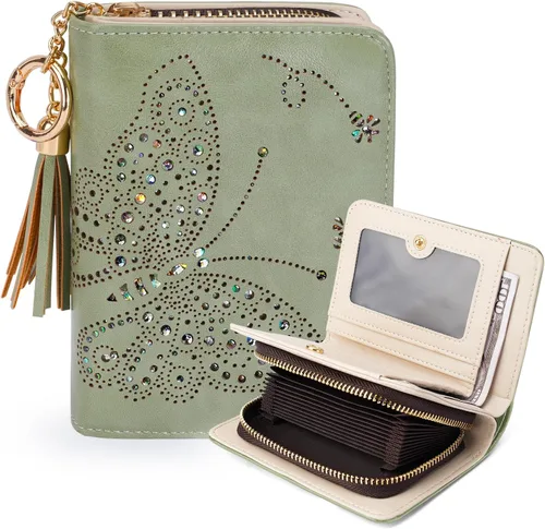 Vista 11 de KITEVIUN Cartera RFID delgada para mujer con doble pliegue, tarjetero con cremallera y monedero, cartera ultradelgada compacta con ventana