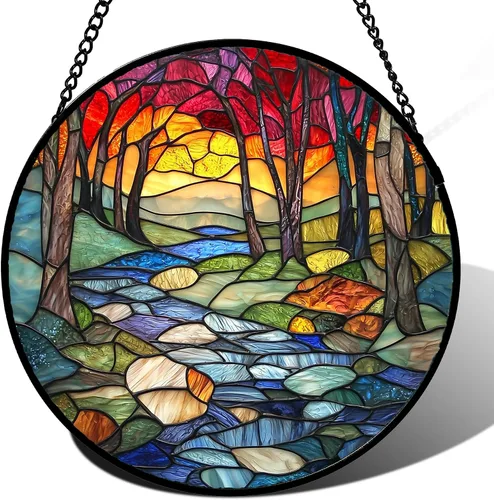 Vista 14 de Colgador de vidrieras para colgar, atardecer montañas, lago, árbol, atrapasoles para ventana, decoración del hogar, paisaje, día de la madre