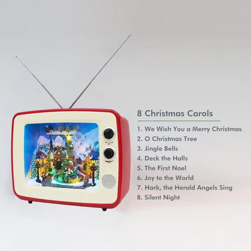Vista 4 de MOMENTS IN TIME Decoración navideña de TV retro animada roja con luz LED, escena navideña con trineo de Papá Noel y obras de tren, 8 canciones