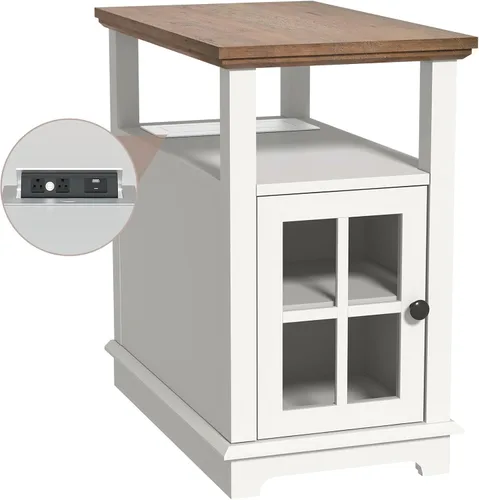 Vista 5 de HIFYOBRO Mesa auxiliar con estación de carga, juego de 2, puertos y tomas de corriente tipo C y USB, estante ajustable para almacenamiento en sala
