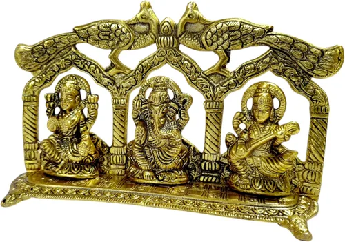 Vista 2 de Lakshmi Ganesha Saraswati ídolo con pavo real hecho de metal Laxmi Ganesh lámpara de aceite estatua tradicional religiosa estatua religiosa casa
