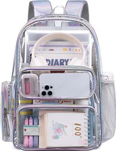 Vista 24 de CAMTOP Mochila transparente resistente y transparente para estudiantes, escuela, trabajo, festival, viajes, deportes, Beige, Mediana, Camtop Mochila