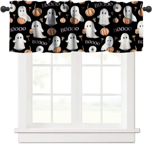 Vista 34 de Cortina de cenefa para fiesta de Halloween, diseño de dibujos animados, lindo fantasma, castillo sombrío, calabaza, murciélago, bolsillo para barra