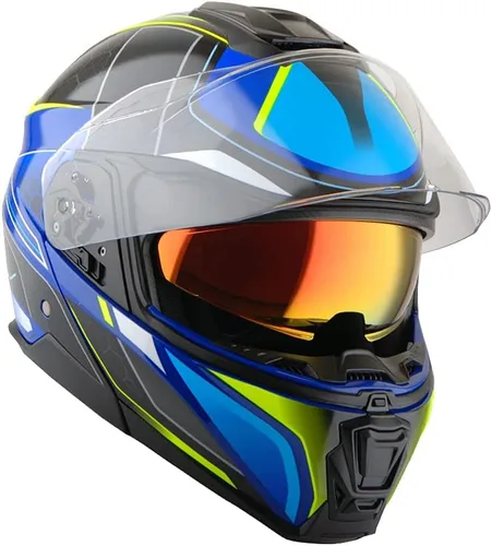 Vista 4 de Martian Casco modular de cara completa para motocicleta, protector solar con doble visera: HG362 azul amarillo