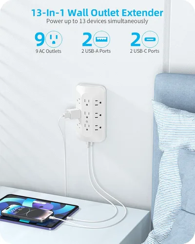 Vista 2 de Extensor de 9 salidas de CA, toma de pared de enchufe múltiple con USB C Plug Adapter with USB Wall Charger (2 USB-C Ports), Surge Protector Power