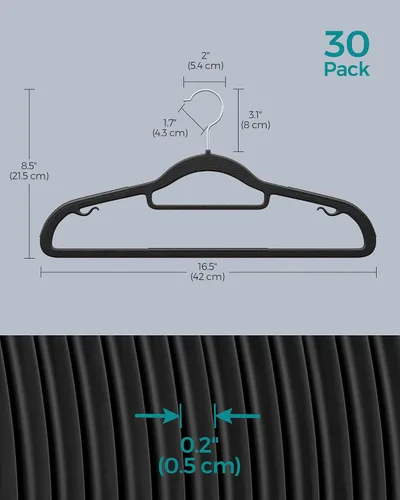 Vista 6 de SONGMICS Paquete de 30 perchas de plástico que ahorran espacio, antideslizantes, 0.2 pulgadas de delgado, 16.5 pulgadas de ancho, gancho plateado
