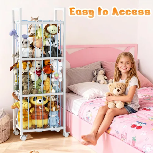 Vista 5 de Almacenamiento de animales de peluche, soporte de metal para animales de peluche con ruedas y cordones elásticos, organizador de juguetes