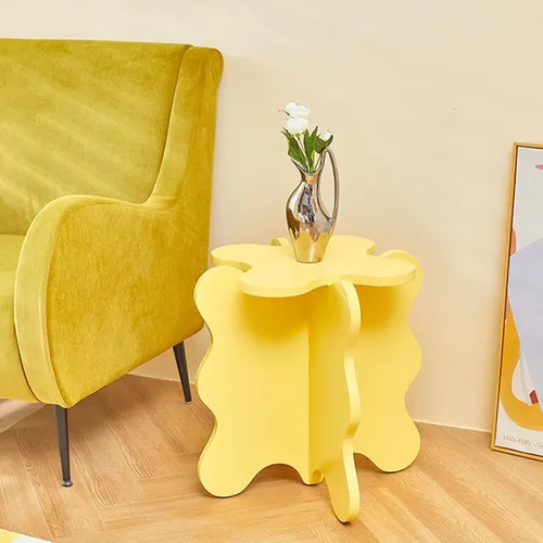 Vista 10 de HM&DX Mini mesa de centro de pétalos, mesa auxiliar de madera maciza con ondas de dibujos animados con patas en forma de X, mesas auxiliares
