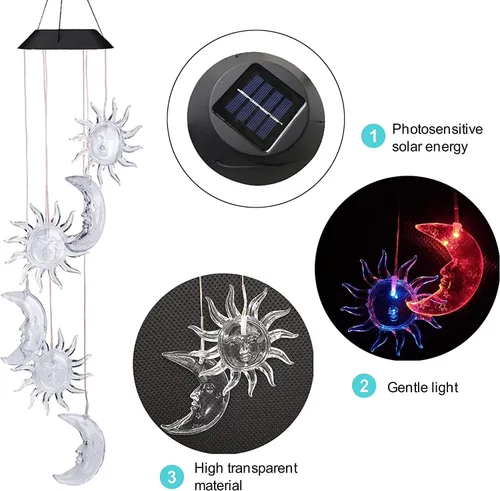 Vista 4 de Lámpara móvil de energía solar de Lainin, con carillón de estrellas transparentes que cambian de color y giran con el viento. Para decoración e