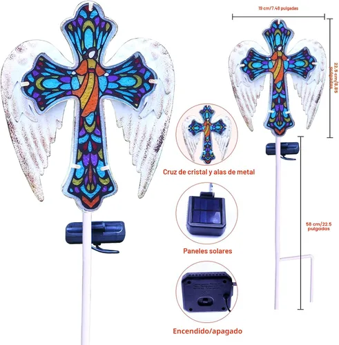 Vista 5 de YJFWAL Luz Solar de Estaca de Jardín con Cruz de Cristal, Decoraciones de Cementerio para Luces Exteriores de Tumba, Regalos Conmemorativos