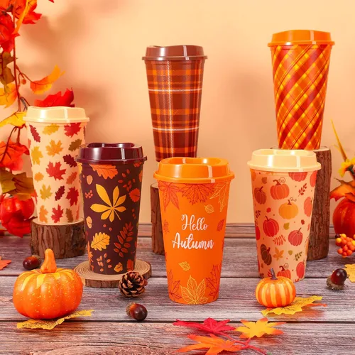 Vista 4 de Whaline 12 tazas de café de plástico de otoño de 16 onzas con tapas. Vaso