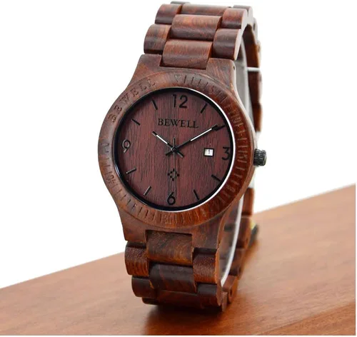 Vista 5 de Bewell W086B - Reloj de pulsera para hombre, de madera, analógico, de cuarzo, ligero, hecho a mano, de madera, W086B-Red, 1