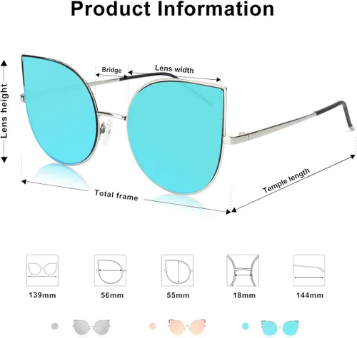Vista 3 de SojoS SJ1022 anteojos de sol con lentes lisos y espejados con forma de ojos de gato, con marco de metal liviano y ultradelgado, para mujer
