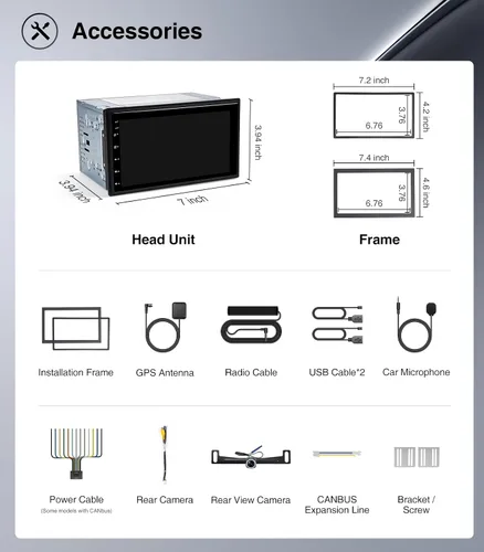 Vista 7 de Estéreo de coche de doble DIN de 7" Android 13.0 CarPlay y Android Auto Salidas de 240 W, 4.1 canales / actualización de pantalla QLED / AM & FM