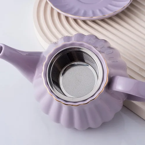 Vista 3 de Jusalpha Serve para 6 - Juego de tazas de té y platillos de porcelana fina rosa, tazas de 8 oz y platillo, con tetera, azucarero, jarra para crema