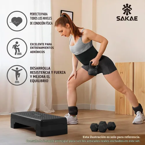 Vista 4 de SAKAE Set de Plataforma de Step Aeróbicos con Kettlebell y Cinta Métrica, Steps Aeróbicos para Ejercicio en Casa, Altura Ajustable 2 Niveles