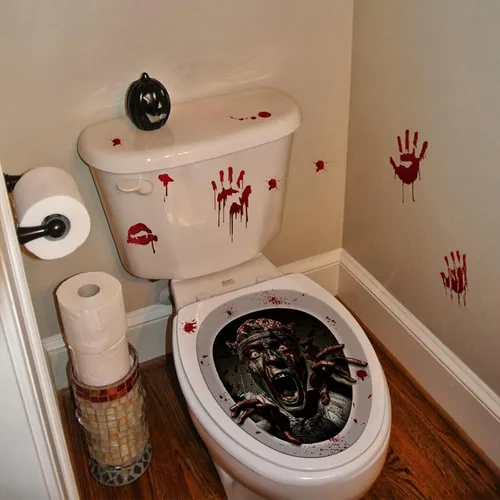 Vista 8 de Calcomanías impermeables 3D para tapa de inodoro de Halloween, calcomanías de pared horribles, póster de decoración sangrienta para fiesta temática