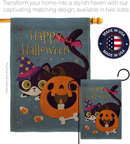 Vista 4 de Juego de bandera de casa de arpillera de gato brujo para otoño, Halloween, truco o trato espeluznante noche negro temporada otoño calabaza